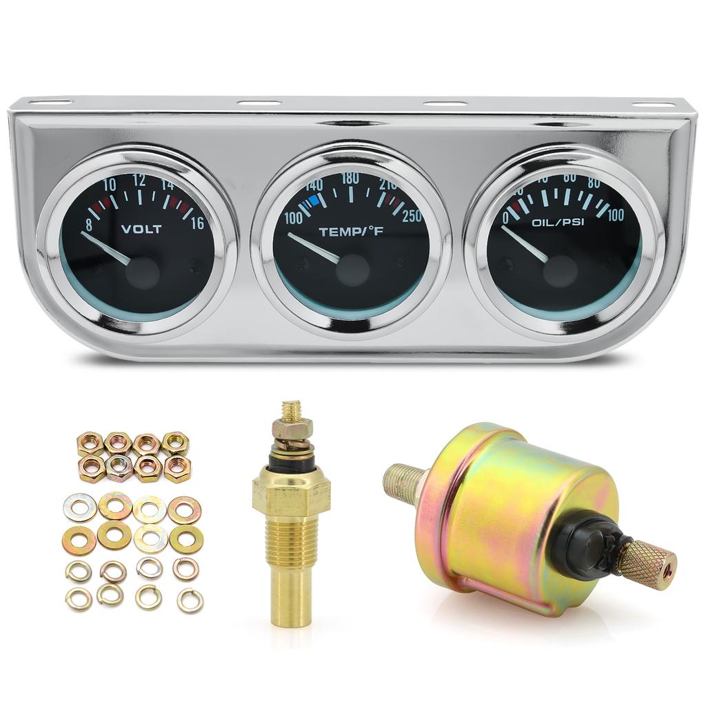 52mm Triple gauge 3 in 1 Volt Meter + 100-250℉ water Temp Gauge+0-100psi Oil Pressure Gauge & Oil Temperature Gauge With Sensor