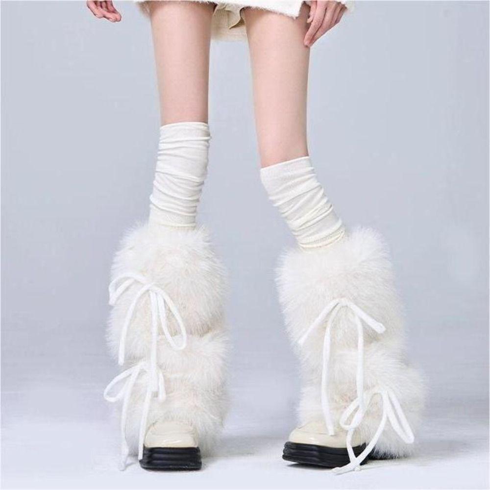 Fuzzy Plush Boot Cuffs Bowknot Ribbon Plush Stockings JK Boot Cover  Sweet Harajuku Style