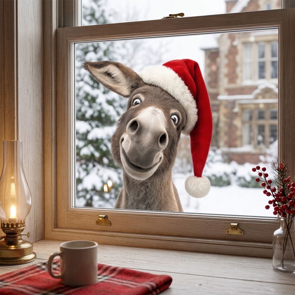 PVC Christmas Donkey Window Cling Santa Hat Christmas Window Sticker Party Decor