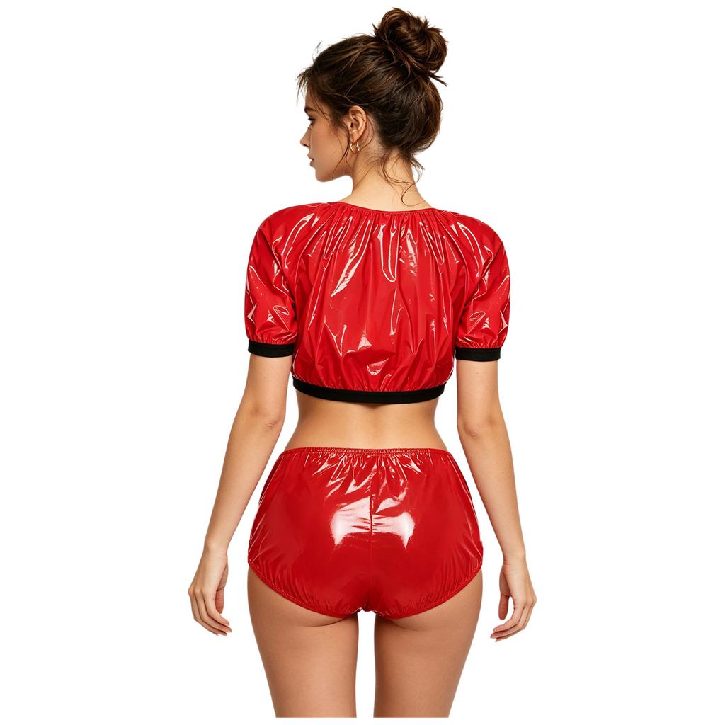 Women Waterproof Vinyl Crop Top Short Sleeve Hook Loop Fastener Sides Diaper Cover Shorts Adaptive Swimwear Set