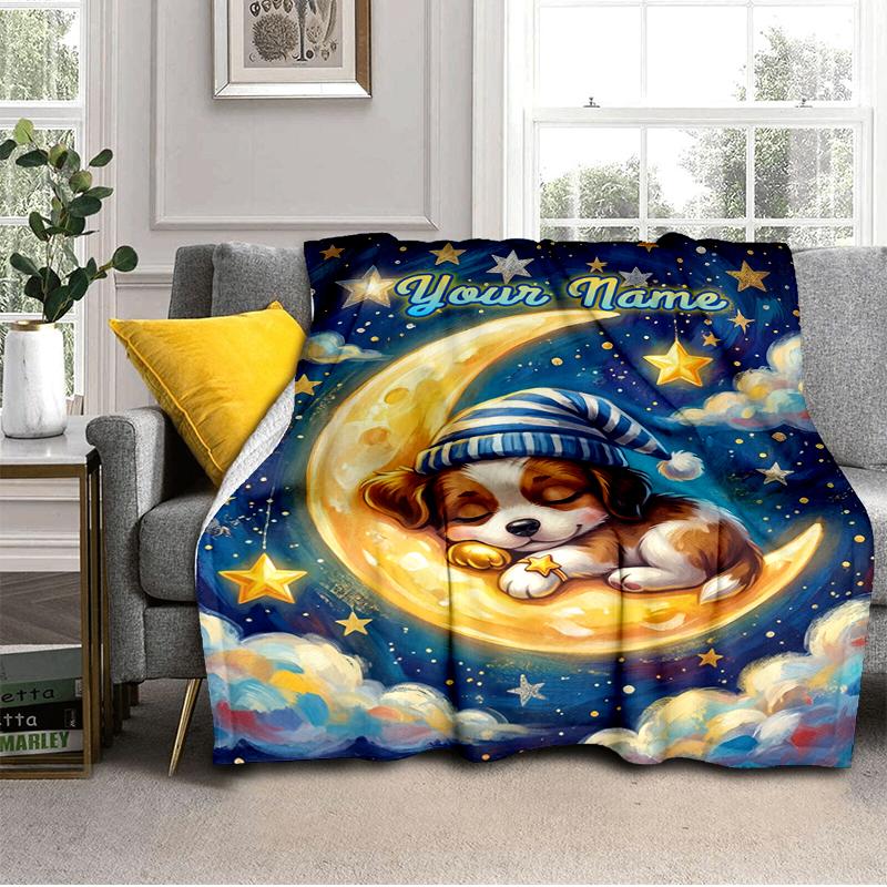 1PC Custom Name Puppy Moon" blanket versatile,all-season throw suitable for the living room,bedroom,camping,travel,and gift