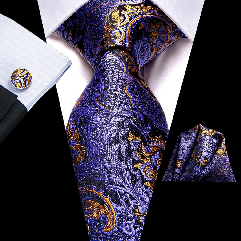 Paisley Mens Blue Tie Set Silk Woven Necktie Handkerchief Cufflinks Wedding Gift