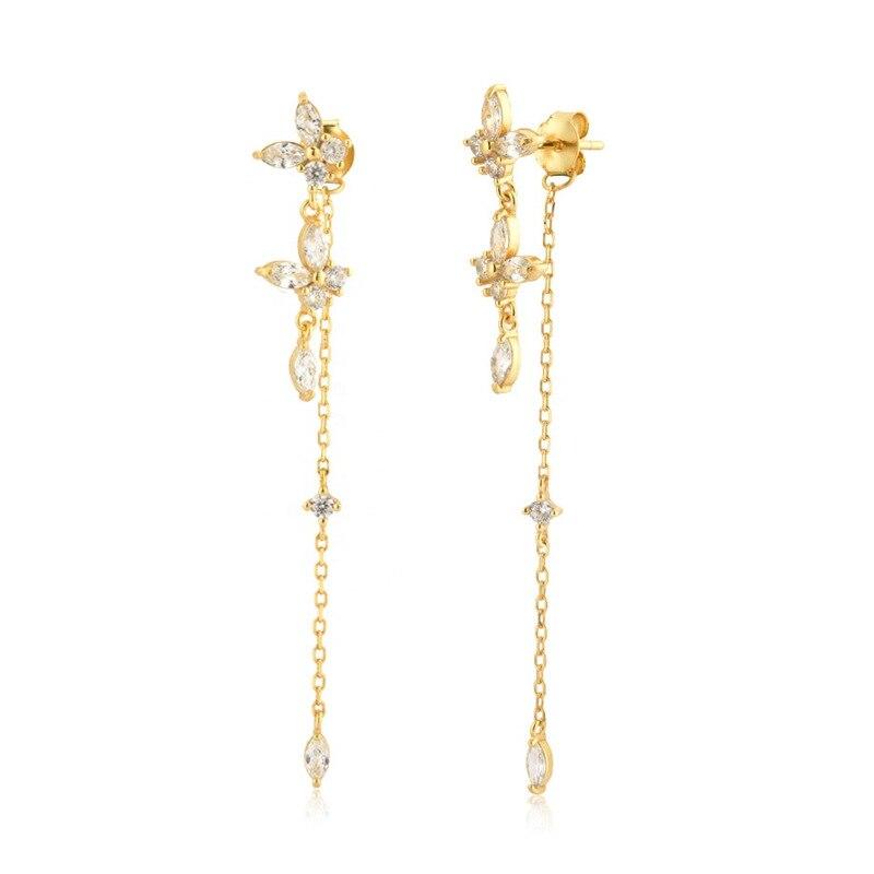2 шт., висячие серьги на цепочке с кисточками из нержавеющей стали и цирконом для женщин, модные серьги золотого цвета с подвесками-бабочками, ювелирные изделия для пирсинга