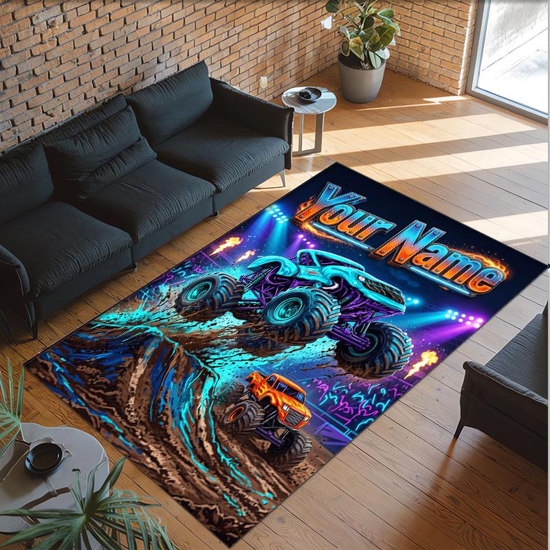 Monster Truck Theme Crystal Velvet Rug Personalized Custom Name Text Soft Floor Mat Home Decor