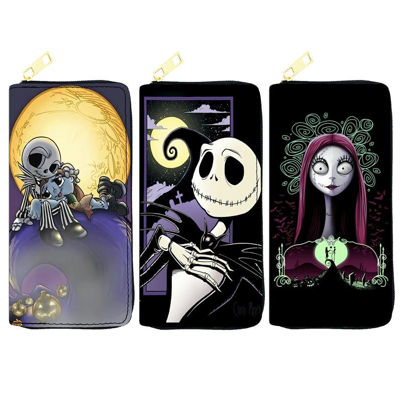 Nightmare Before Christmas PU Leather Long Zip Wallet for Women, Single Zipper Clutch Purse, Makeup Bag, Jack Skellington Print 3pcs