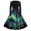 Women's Vintage Long Sleeve Round Neck Dress Halloween Printed Party Dress with Bow Waist Tie and Flared Skirt Suitable for Evening Events