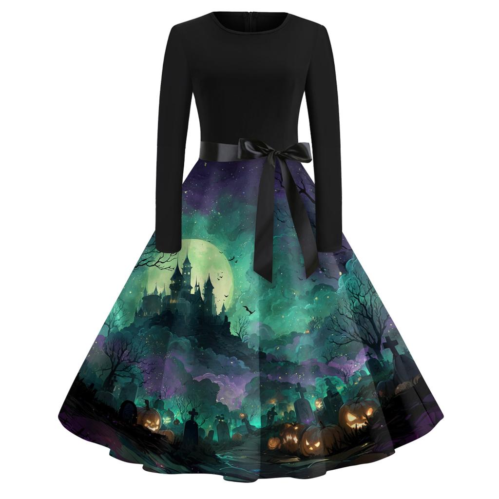 Women's Vintage Long Sleeve Round Neck Dress Halloween Printed Party Dress with Bow Waist Tie and Flared Skirt Suitable for Evening Events