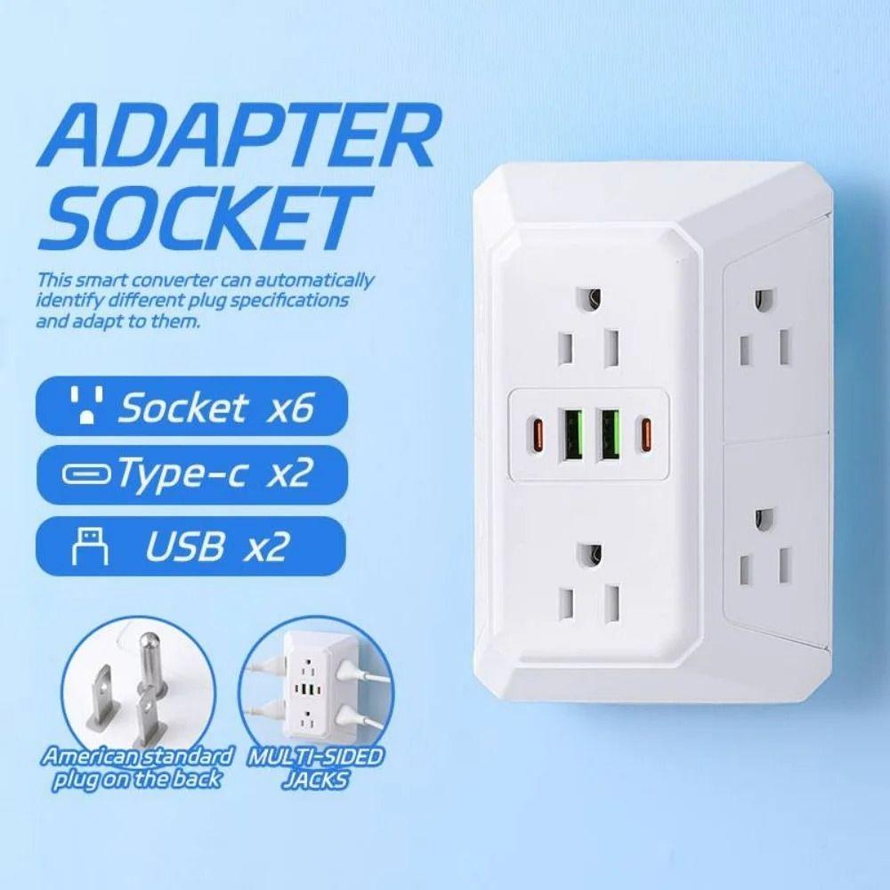 Multiple USB Ports Wall Mounted Power Socket US Plug Six Outlet Power Splitter for US Office Use