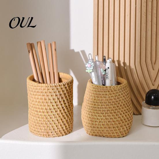 Pencil Storage Box Faux Rattan Pen Holder, Woven Style Makeup Brush Boho Creative Holder Desktop Organizer, Multi-functional Resin Cup for Home Office