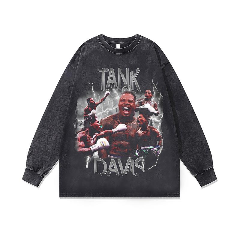 Хип-хоп Рэп Портрет Принт Винтажная Стирка Длинный Рукав Футболка Осень и Зима Свободная Хлопок Круглый Вырез Базовая Футболка Для Мужчин
