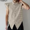 Мужские топы без рукавов с лацканами, на пуговицах, в клетку, повседневные майки