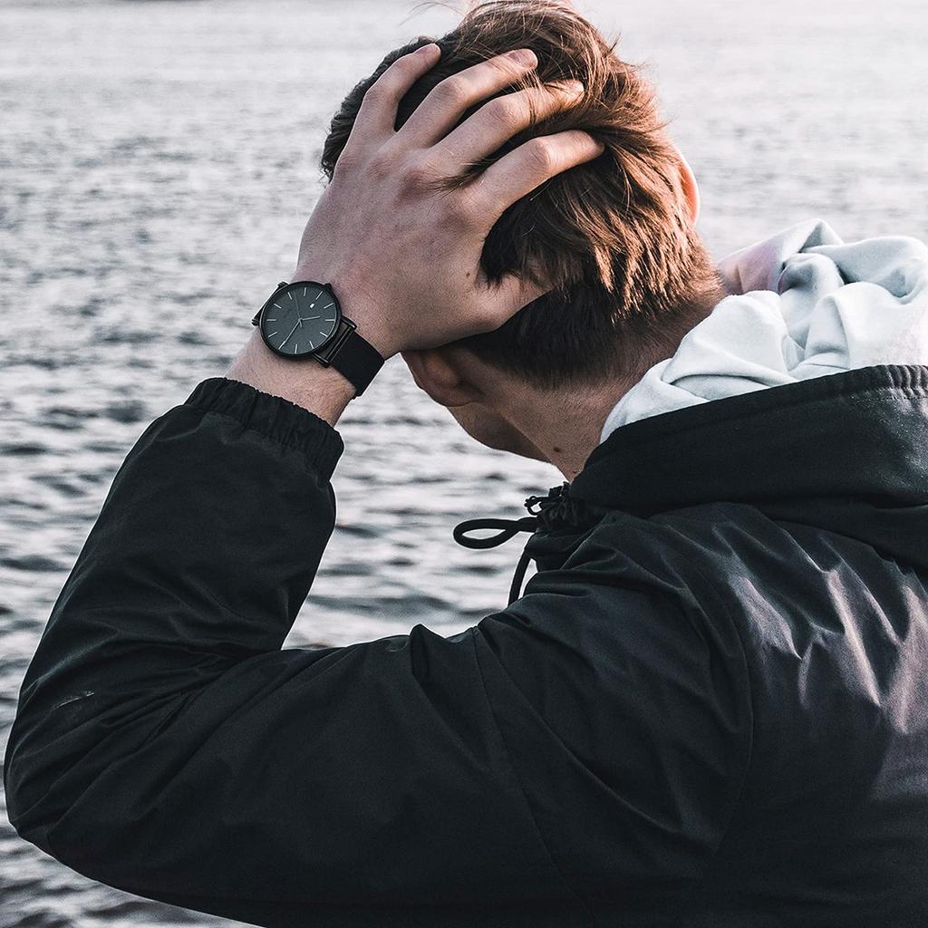 BUREI Men's Analog Quartz Watch, Waterproof, Date Display, Black, Popular Brand, Simple and Stylish Business Watch with Milanese Mesh Strap