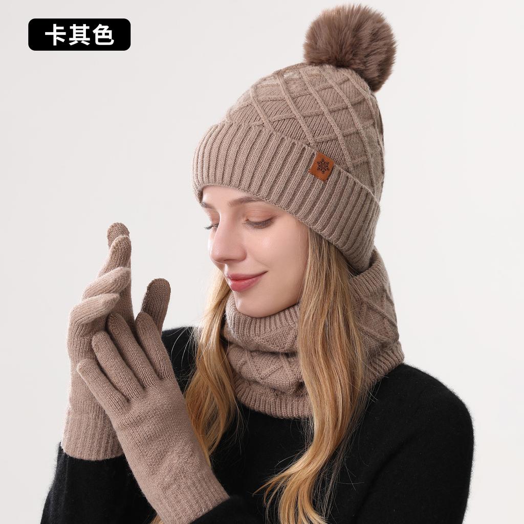 Winter Knitted Hat Women's Cold-proof Double-layer Velvet Thickened Warm Knitted Hat Scarf Gloves Three-piece Set
