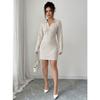 Women Autumn Winter Polo Collar Knit Mini Dress, 3D Floral Embroidery Long Sleeve Slim Waist Bodycon Short Sweater Dress