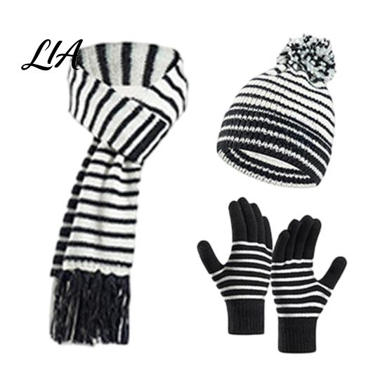 Thickened Fleece Warmth Gear 1 Set Winter Hat Scarf Gloves for Kids, Lined Striped Knit with Soft Skin Friendly Pom Pom, Cozy Toddlers Boys Girls Age