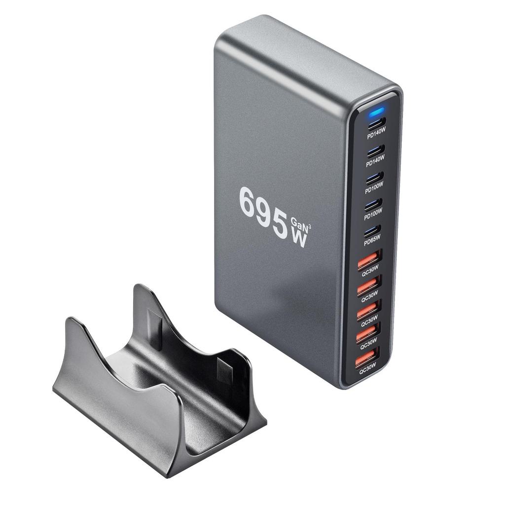 Многопортовое зарядное устройство GaN мощностью 695 Вт с USB-C, быстрая зарядка, настольная зарядная станция PD высокой мощности.