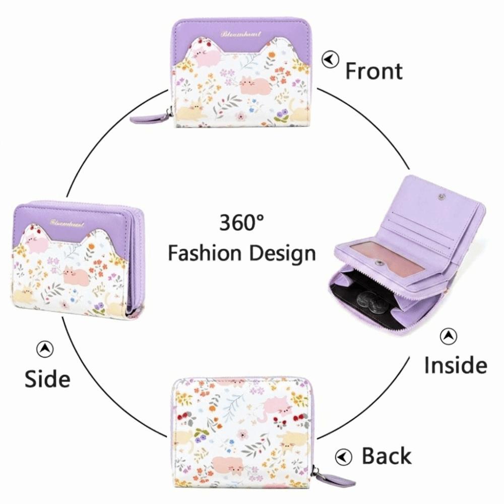 PU Leather Cat Floral Print Wallet Cartoon Coin Purse Cute Style Short Wallet Daily Use