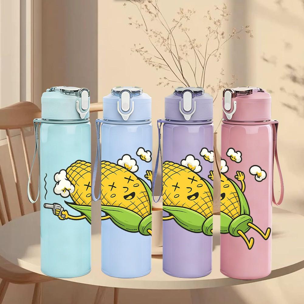 1PC Cartoon Corn Character 750ml Color Plastic Sports Water Bottle Leakproof Flip Straw Lid Suitable for Sports Office Home Use
