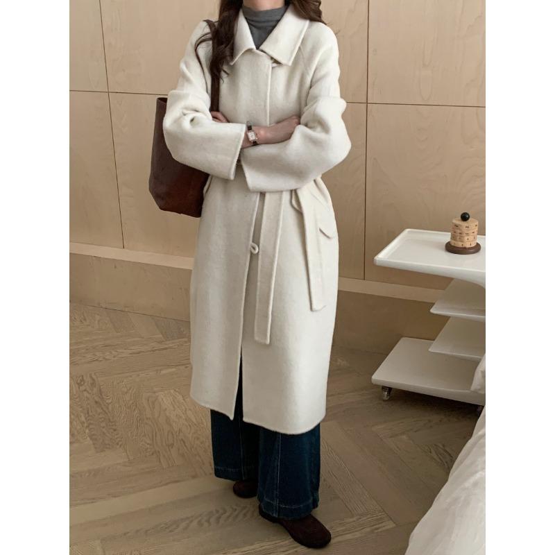 Baby Doll Collar Single-breasted Double-sided Wool Coat for Women Long Plate Buttoned Off Shoulder Sleeves Double-sided Cashmere Plus