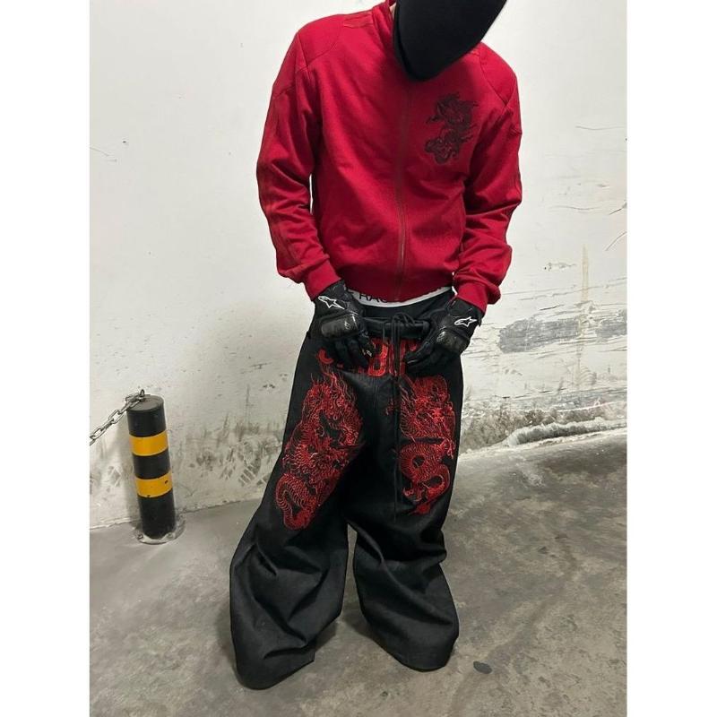 ZYLLO American Y2K Red Dragon Embroidered Wide Leg Jeans Men Retro Heavy Industry Wash Harajuku Hip-hop Loose Casual Jeans