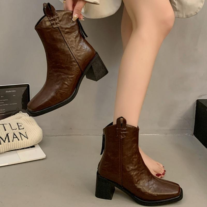 Женские зимние ботильоны на высоком каблуке с квадратным носком 2025 года, повседневные новые туфли «Челси» на толстом каблуке, модные кожаные туфли-лодочки Botas Mujer