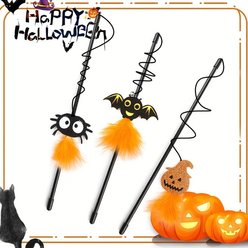 1Pc Halloween Feather Cat Wand Toy Pumpkin Bat Pattern Plastic Rod Interactive Play Toy