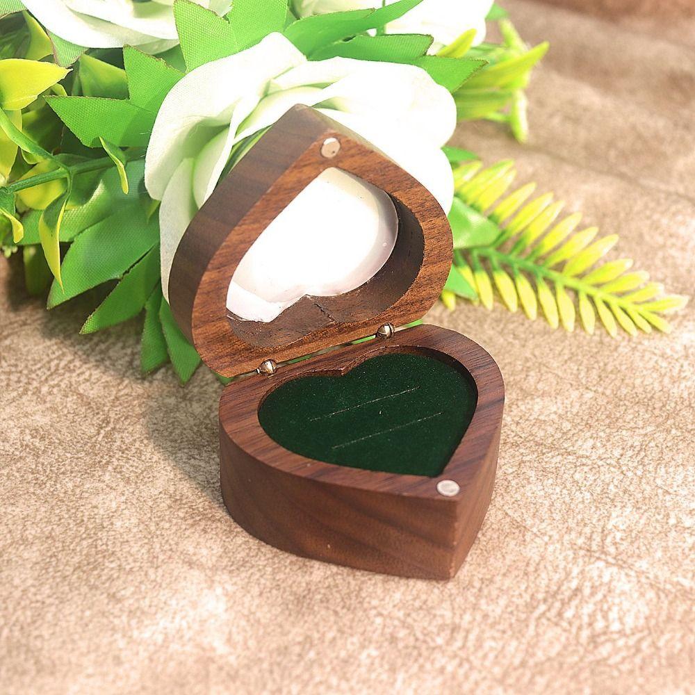 2 Slots Heart Rings Holder Transparent Cover Rings Bearer Box Walnut Wood Rings Box Propose