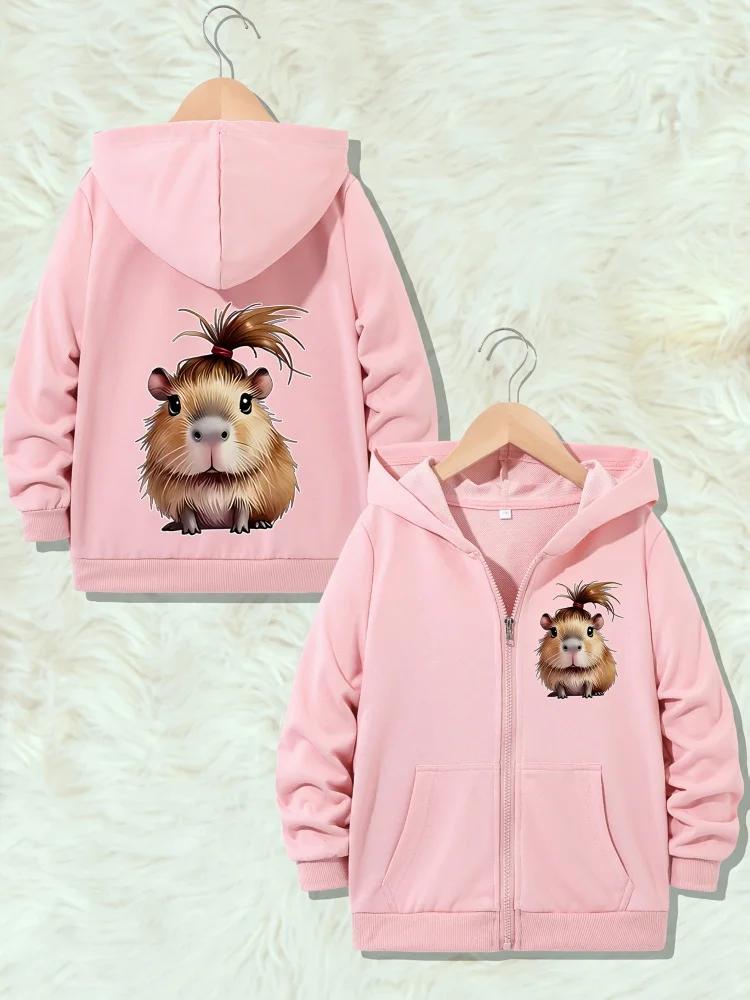 Kids Black Zip Up Hoodie Cute Ponytail Capybara Graphic Print Long Sleeve Loose Hooded Jacket For Boys Girls Daily Outerwear