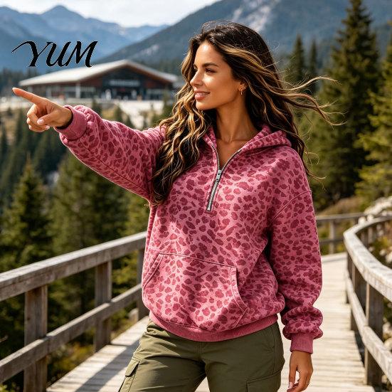 Kangaroo Pocket Hoodie Women Leopard Print Hoodie, Oversized Half Zip Hooded Sweatshirt with Long Sleeve Casual Top Pocket, Fall Pullover