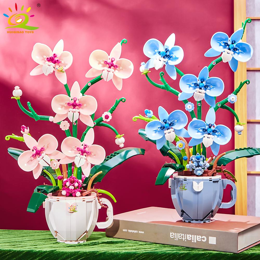 HUIQIBAO Цветок Орхидея Кофейная Чашка В Горшке Строительные Блоки 3D Букет MOC Кубики Конструкторы DIY Домашний Настольный Декор Растение
