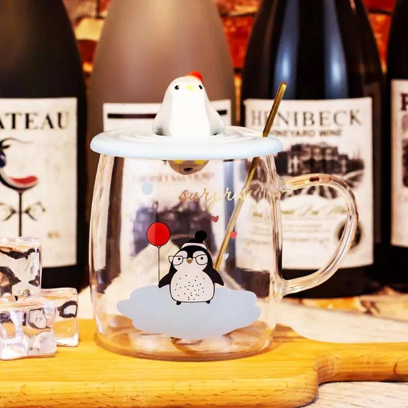 3D Lid Penguin Glass Mug With Spoon Mate Cup of Drinking Cute Mugs Coffee Cups Cup for Tea Glasses for Drinks Mugs Free Shipping