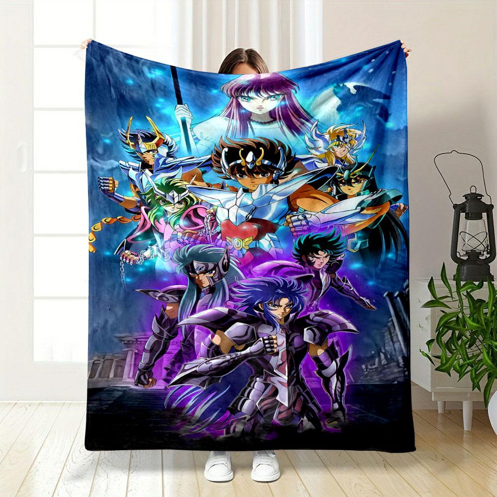 Armored characters with glowing effects and a celestial-themed backdrop. for all seasons blanket lunch break throw gift
