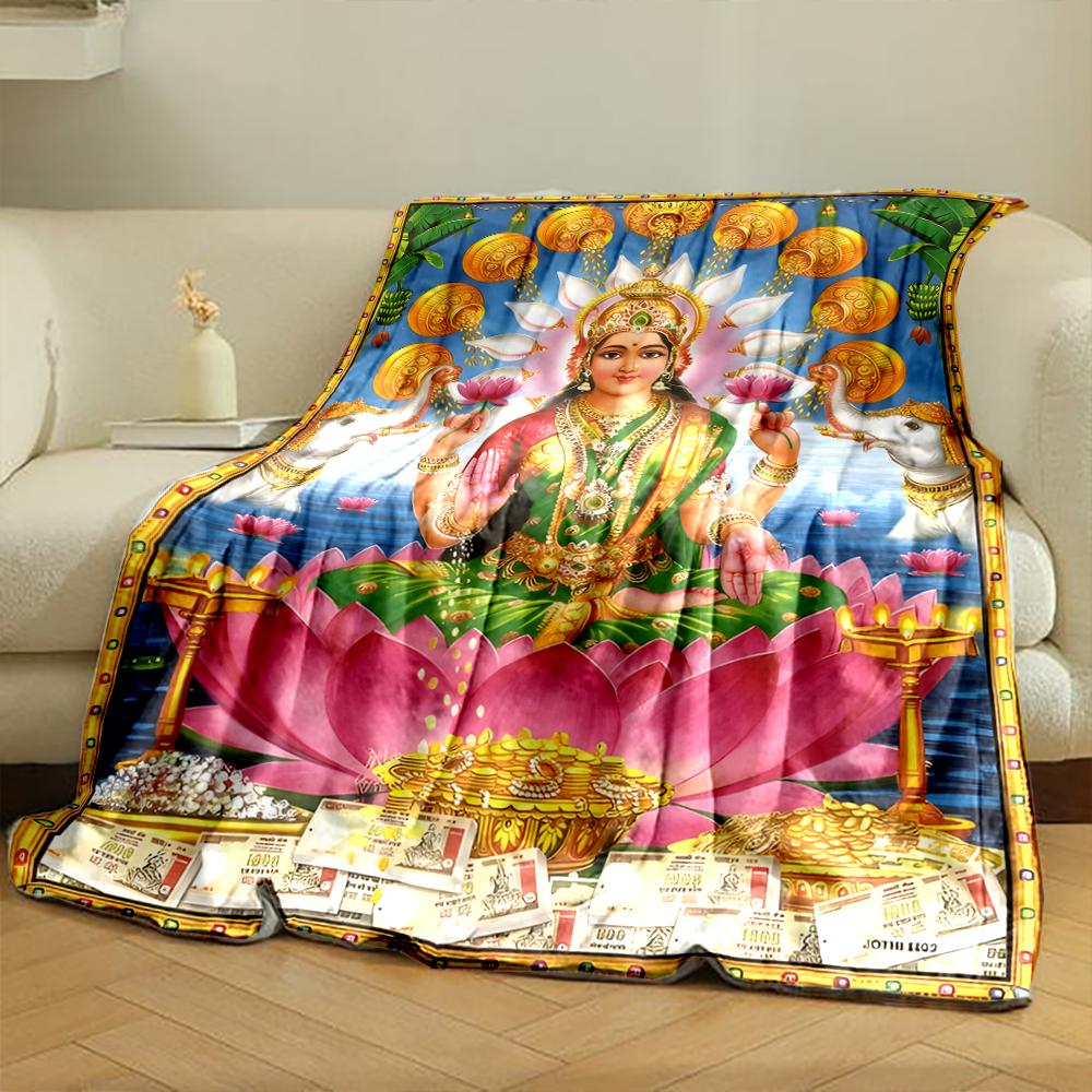 Goddess Lakshmi on Lotus with Gold & ElephantsFlannel blanket for bedroom, living room, sofa, and nap
