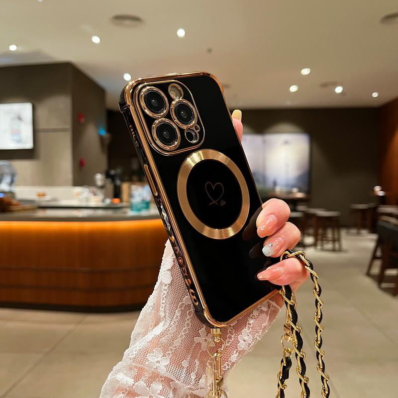Для iPhone 17 16 Pro 15 14 Pro Max 13 Samsung S25 S24 Ultra S23 FE S22 S21 Чехол с гальваническим покрытием в виде сердца любви Для Magsafe Магнитный чехол для телефона с веревкой через плечо