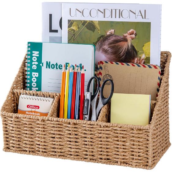 Rattan Desk Organizer, Tabletop Mail Holder, 5 Slot Mail Organizer Countertop Basket, Rattan Office Supplies, Boho Office Desk Accessories, Wicker