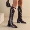Winter Women Western Knee High Boots Yellow Brown Croc Block Heels Club Party Square Toe Vintage Buckle Chain Lady Cowboy Boots