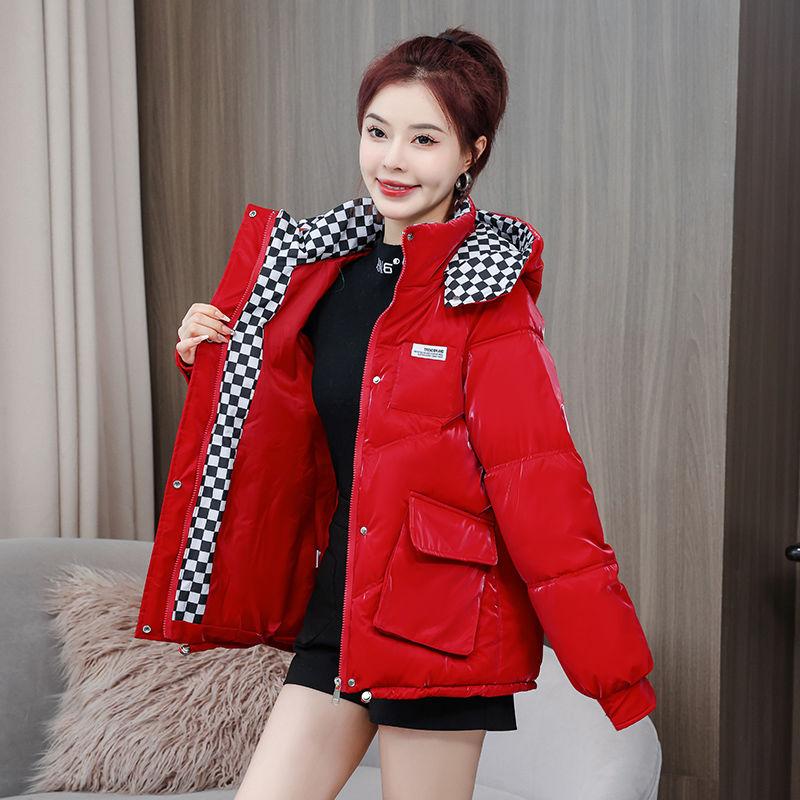 Women's Shiny Korean-style Short Cotton Coat, Winter Loose Thickened Hooded Down Cotton Jacket