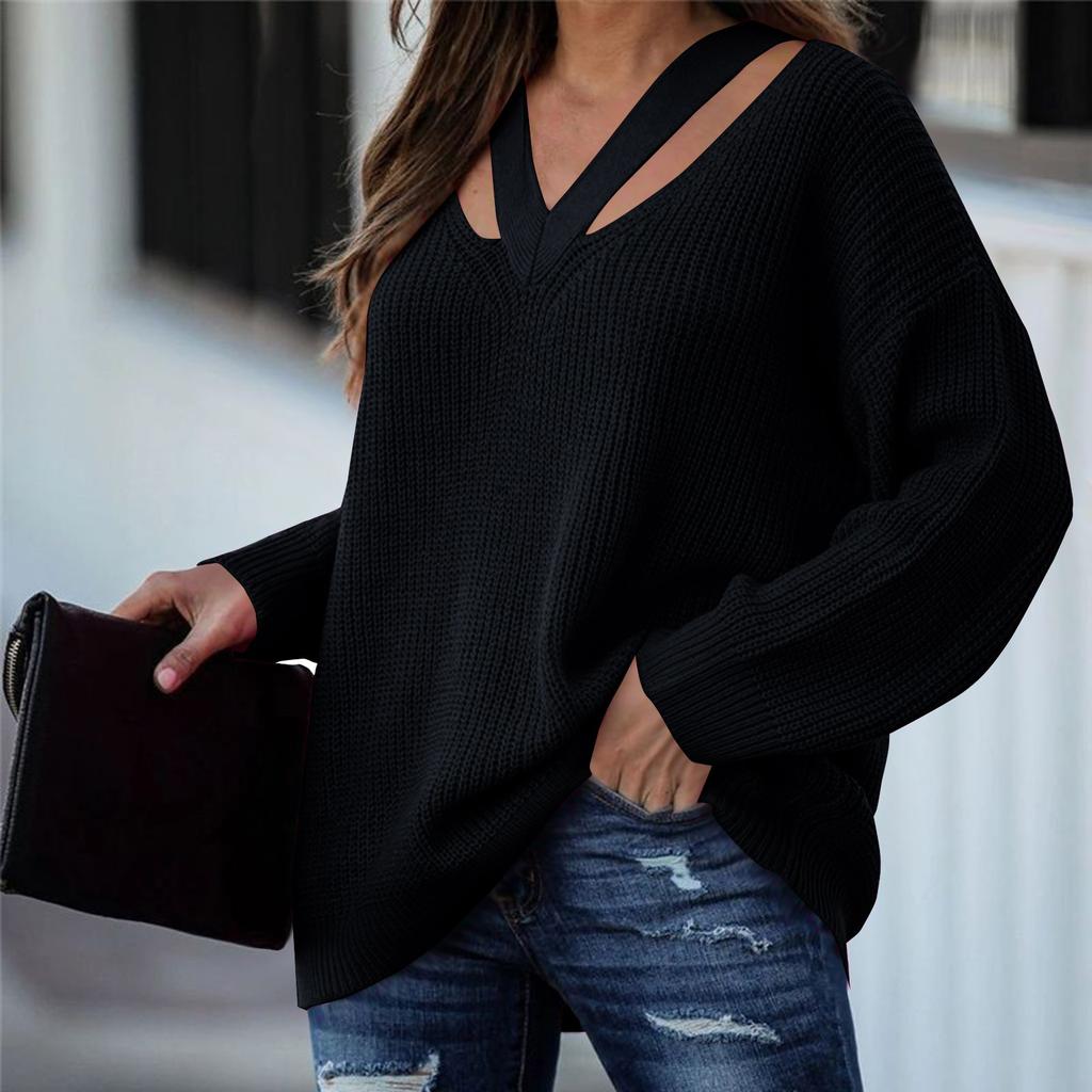 Женский модный свободный свитер с V-образным вырезом и длинным рукавом, однотонный повседневный свитер