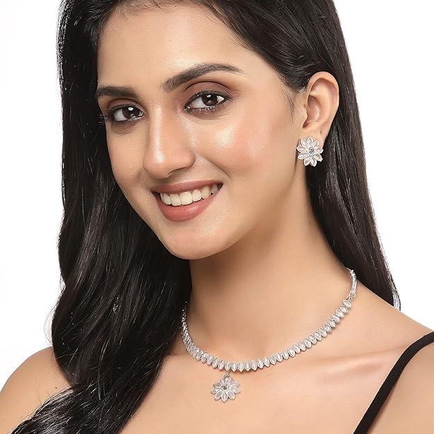 Набор украшений из оксидированного посеребренного цветка и листа с американскими бриллиантами и шипованными серьгами для девочек и женщин