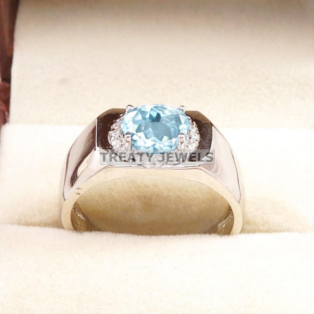 Aquamarine Oval Cut Gemstone With 925 Sterling Silver Ring For Men's #A757 JL375659103156