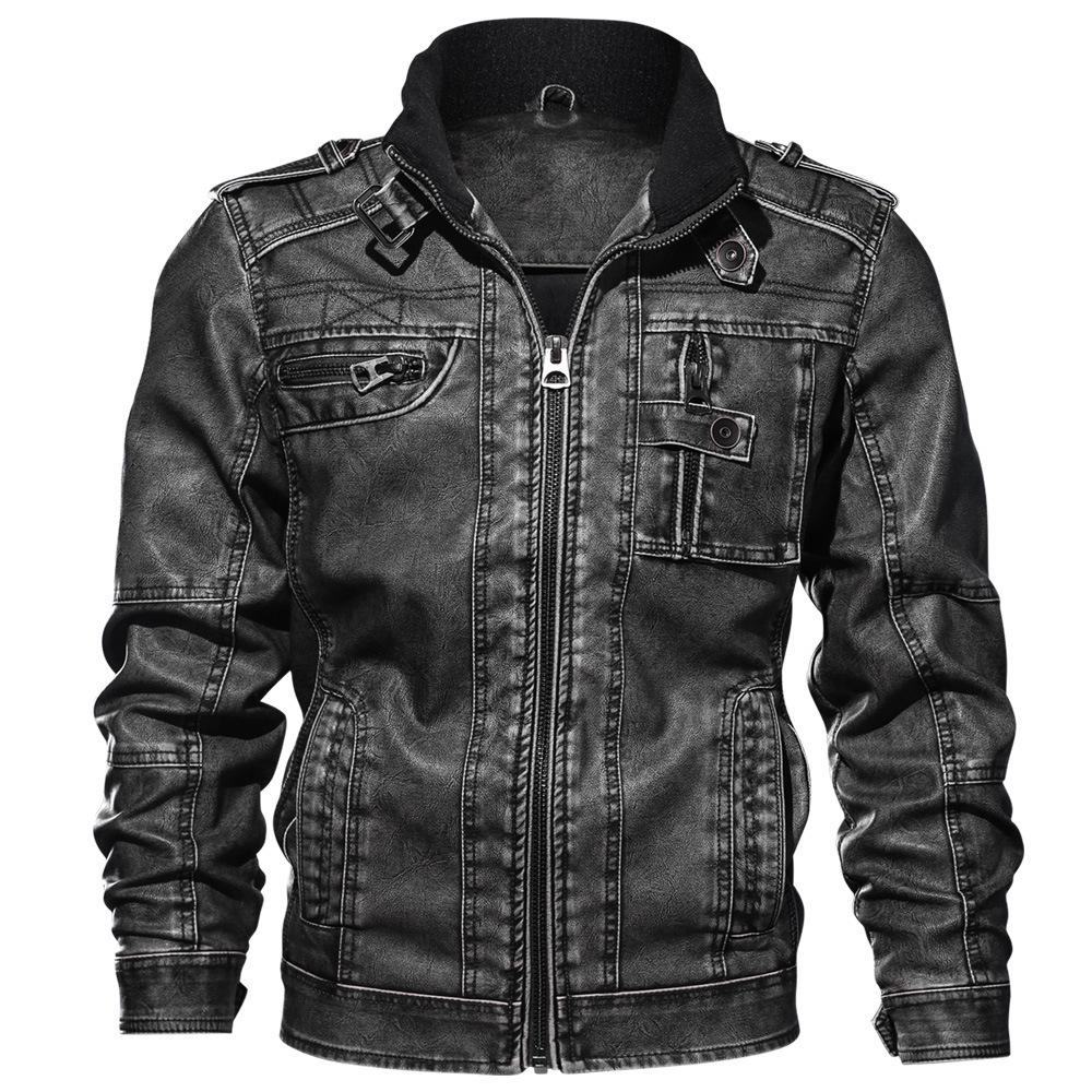 Black Youth Leather Jacket with Stand-up Collar & Side Seam Pockets