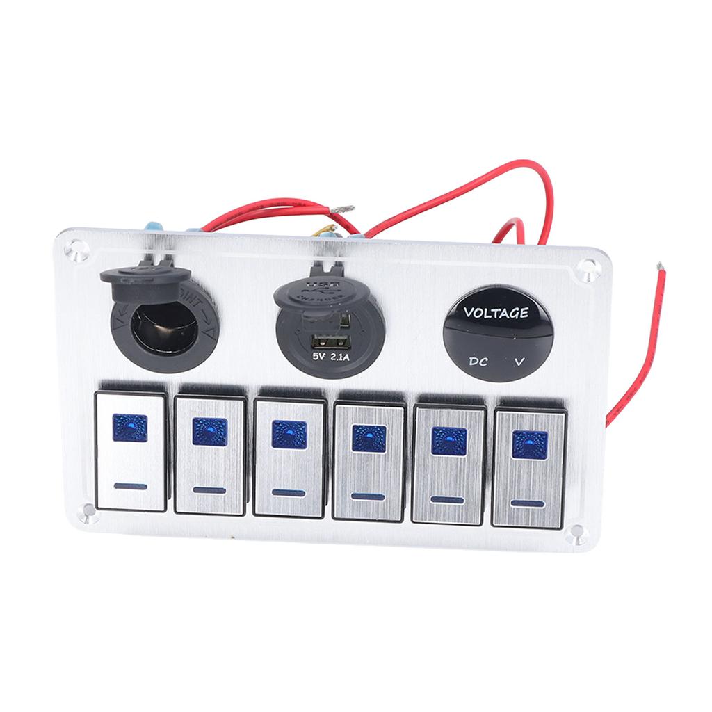 Панель переключателей Rocker Switch 6 Gang On Off Blue LED Light 2.1A Dual USB Charger Port Алюминиевый сплав для автомобиля