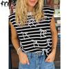 Женские модные повседневные летние весенние блузки и рубашки с круглым вырезом и короткими рукавами с полосатым принтом