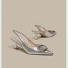 Women's French Style Low-Heeled Stiletto Sandals with Pointed Toe and Breathable, Buckle Strap Design.