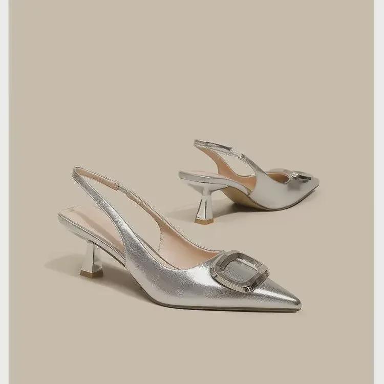 Women's French Style Low-Heeled Stiletto Sandals with Pointed Toe and Breathable, Buckle Strap Design.