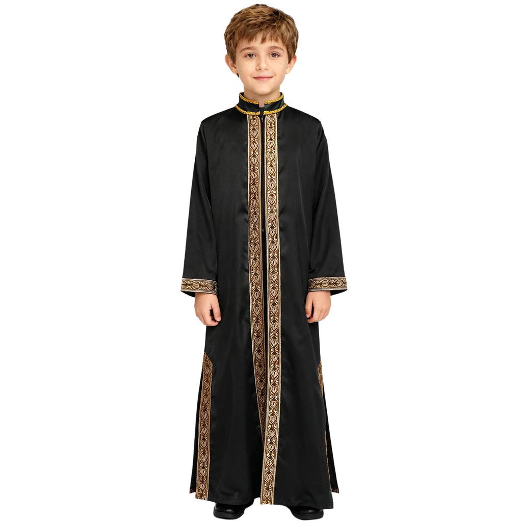 Boys Arab Gown Islamic Robe Long Sleeve Stand Collar Gold Embroidery Maxi Kaftan Festival Holiday Costume