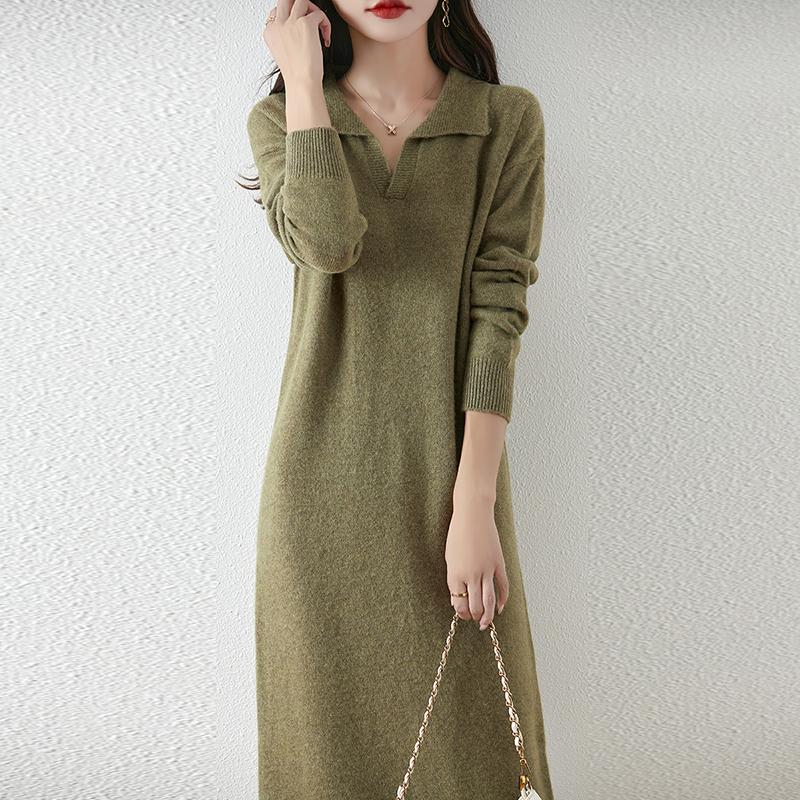 Женское платье-свитер 100% шерсть MODERN NEW SAGA V-образный вырез трикотажный длинный пуловер воротник поло зимние джемперы шерстяное длинное платье женское