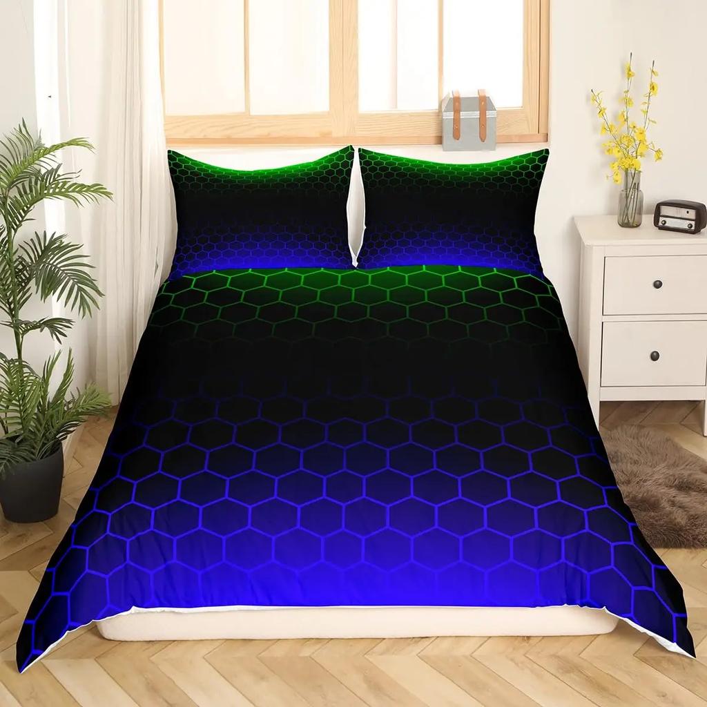 Blue Purple Honeycomb Duvet Cover Fluorescent Geometric Honeycomb Bedding Set Beehive Hexagon Comforter Cover for Boys Girls