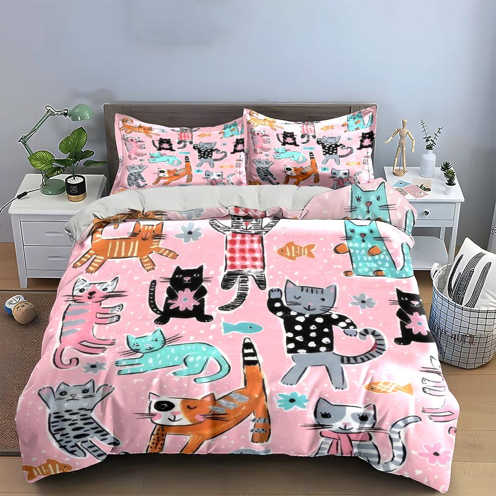 3Pcs Cute Cat Bedding Set, All-Over Cartoon Kittens Print Duvet Cover + 2 Pillowcases, Kids Nursery Decor