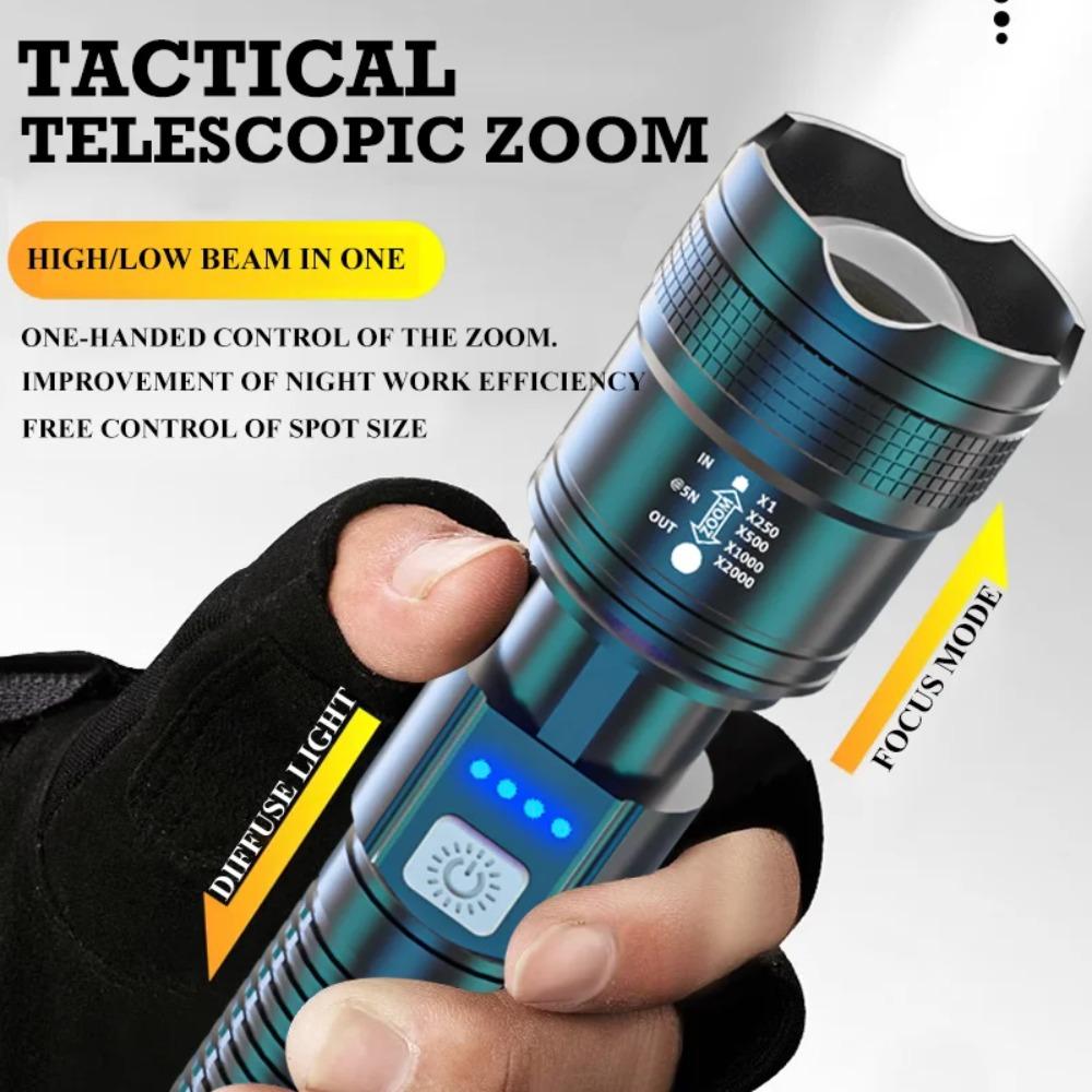 Powerful LED Flashlight USB Rechargeable Torch Super Bright Telescopic Zoom Light with Power Display Outdoor Fishing Lantren
